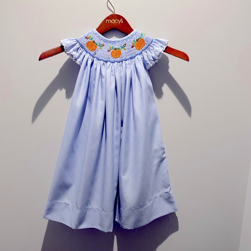 Smocked or Not Children’s Boutique Fall Pumpkin Dress. Blue/White Size 3T